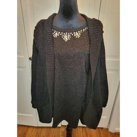 Black/Silver Metallic Layered Look Sweater Rhinestones 2x Glam Whimsygoth y2k - Picture 1 of 7